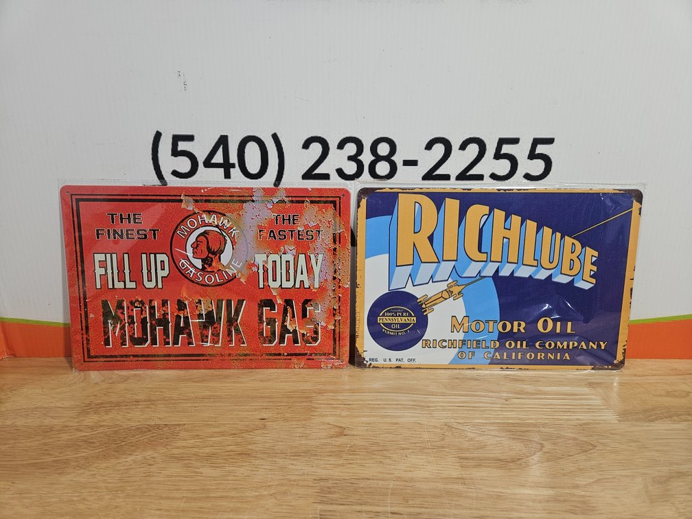 Metal Mohawk Gas and Richlube Motor Oil Signs - Measures 8"×12" (New 2 Included)