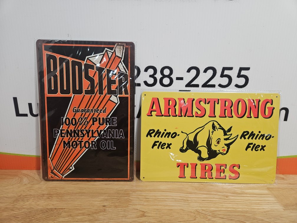 Metal Booster Motor Oil and Armstrong Tires Signs - Measures 8"×12" (New 2 Included)