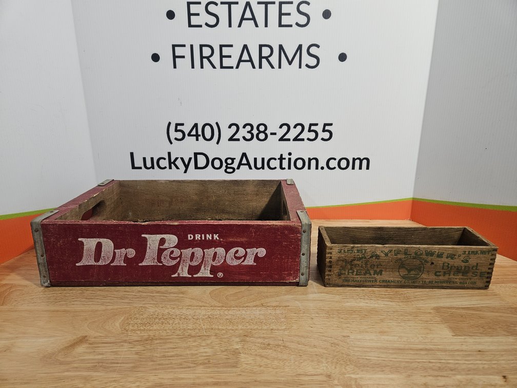 Dr Pepper Crate 4.5"×18"×12" and Mayflower's Heifer Cream Brand Cheese Wooden Box 3.25"×10.75"×3.5"