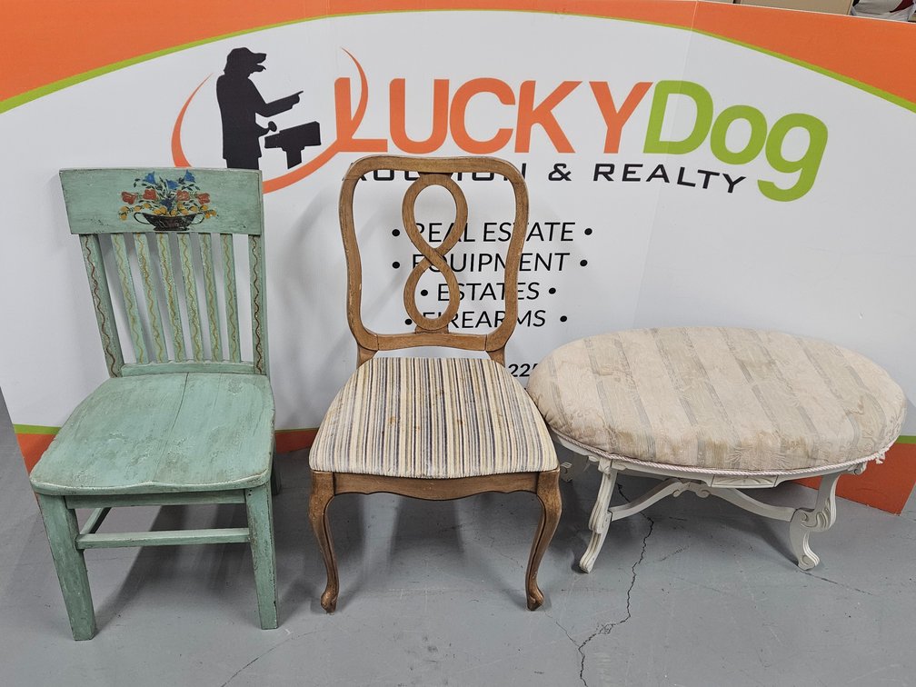 Upholstered Footstool and Vintage Chairs (3 Pieces Included)