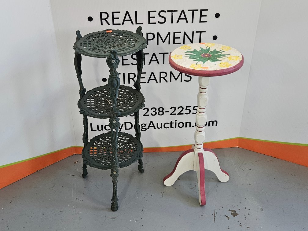 Metal Plant Stand 27"×10.75" and Wooden Lamp Table 24"×10.5"