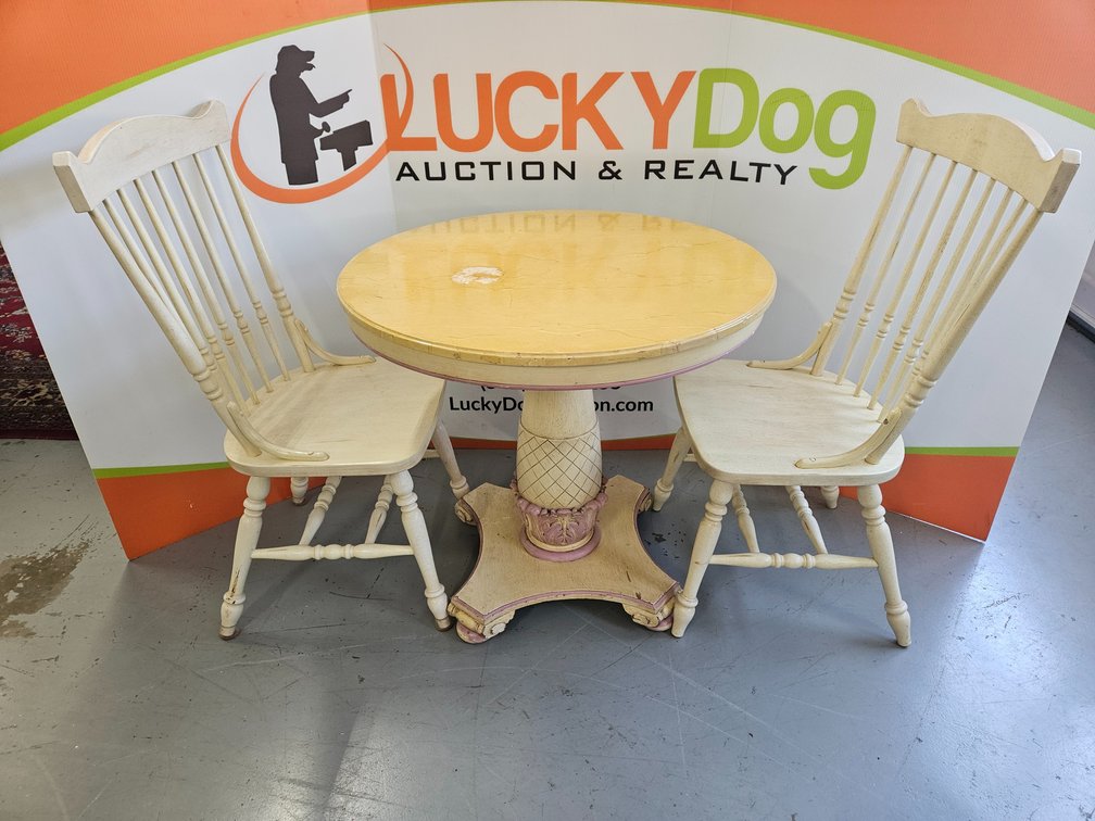 Round Dining Table w/ Faux Yellow Marble Painted Finish and Carved Pedestal Base - 30" Tall × 32.5" Wide W/Chairs 40" Tall × 22" Wide × 17.5" Deep