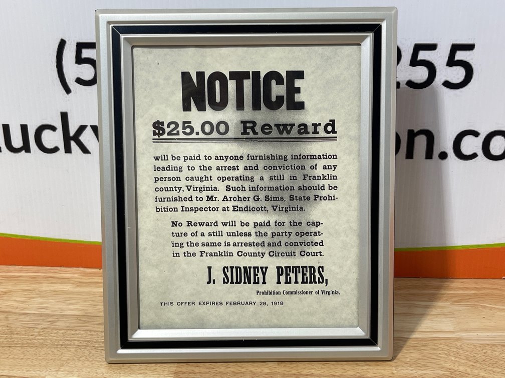 Framed 8x10” Copy of Reward for Franklin County Stills - 1918