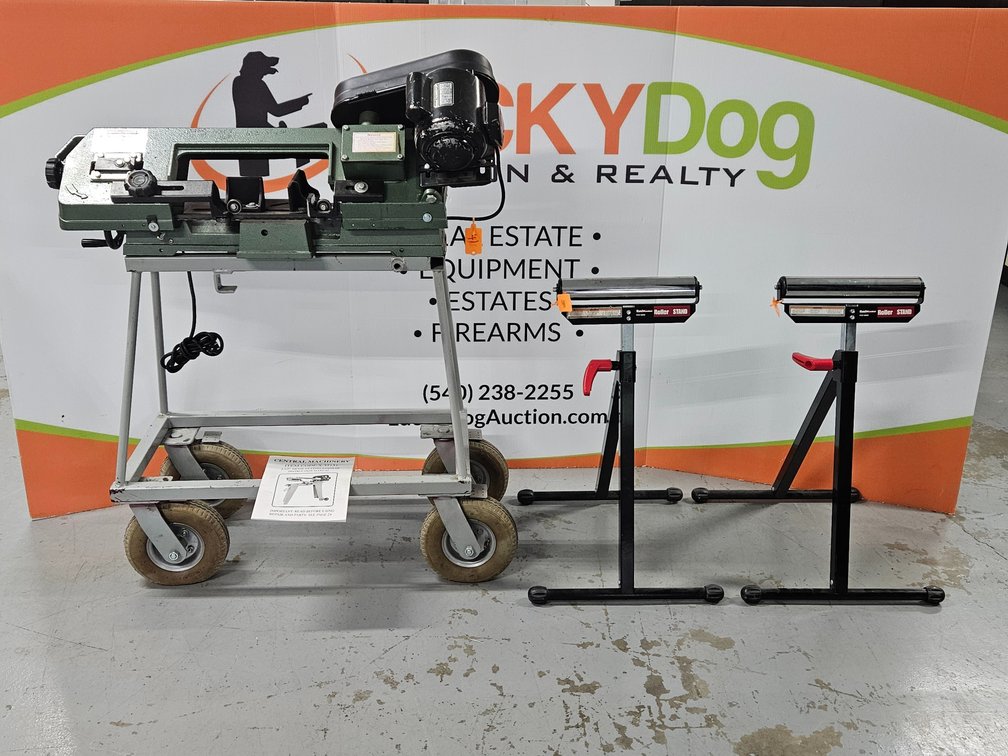 Central Machinery 4.5" Metal Cutting Bandsaw w/ Custom Rolling Attachment w/ 6" Wheels and Haul Master Roller Stands - Local Estate Piece - Manual Included