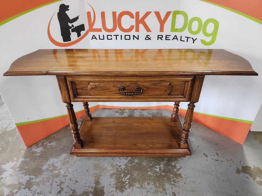 Thomasville Rolling Hallway Table W/ Drop Leafs Measures 31.5" Tall x 62.5" Wide x 18" Deep