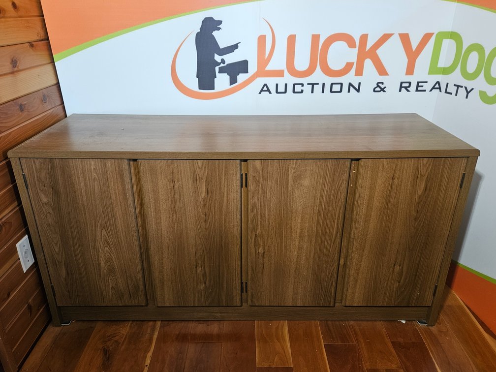 Wooden Storage Cabinet W/Contents - Measures 29" Tall × 59" Wide × 19.5" Deep