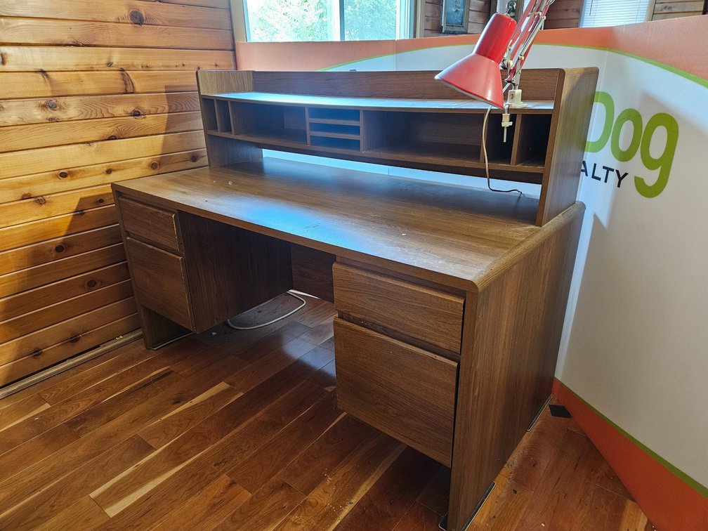 Wooden 2 Piece Desk W/Light and Contents - Measures 43.5" Tall × 59" Wide × 29.75" Deep