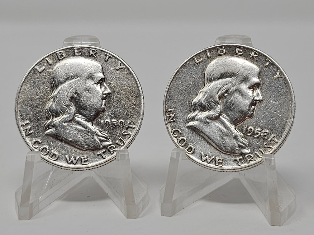 1950-D and 1958-D Silver Franklin Half Dollars (2 Included)