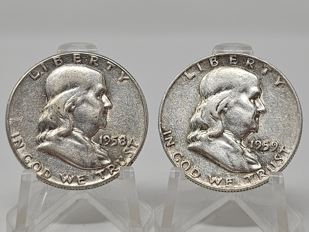 1958 and 1959-D Silver Franklin Half Dollars (2 Included)