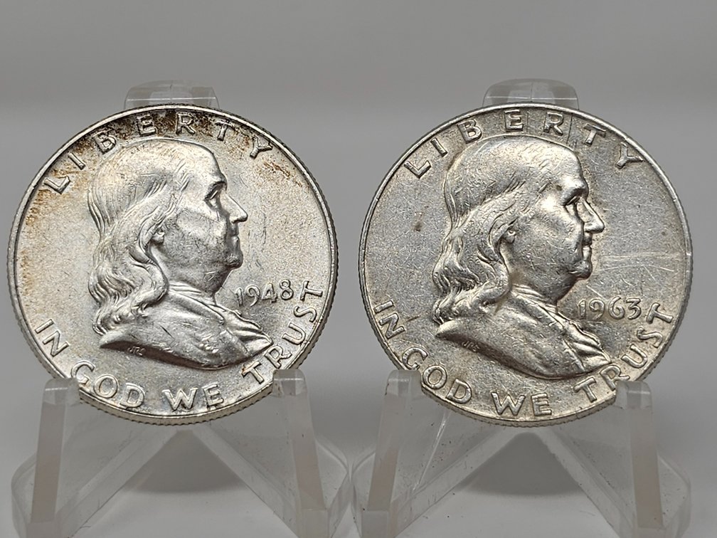 1948-D and 1963-D Silver Franklin Half Dollars (2 Included)