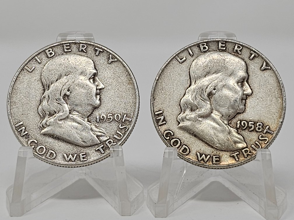 1950 and 1958-D Silver Franklin Half Dollars (2 Included)
