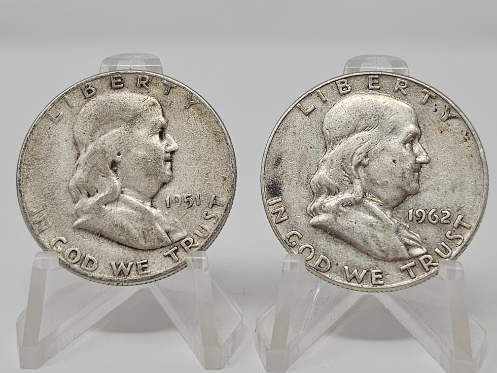 1951-S and 1962-D Silver Franklin Half Dollars (2 Included)