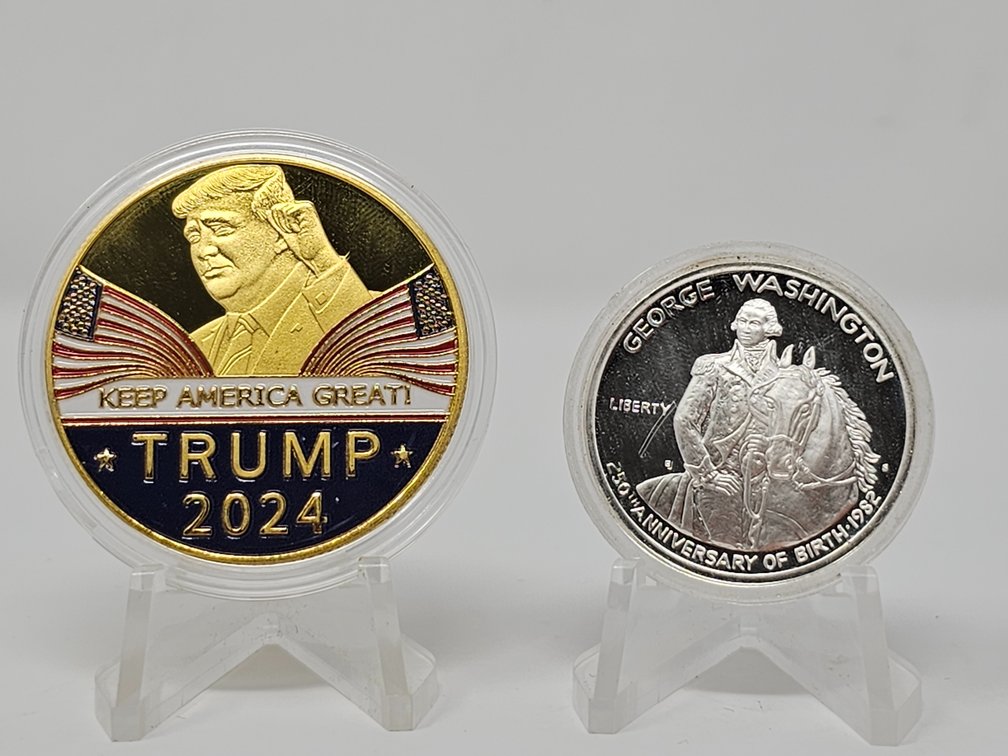 (1) George Washington 250th Anniversary Silver Half Dollar w/ Capsule and (1) 2024 Trump Commemorative Coin w/ Capsule 