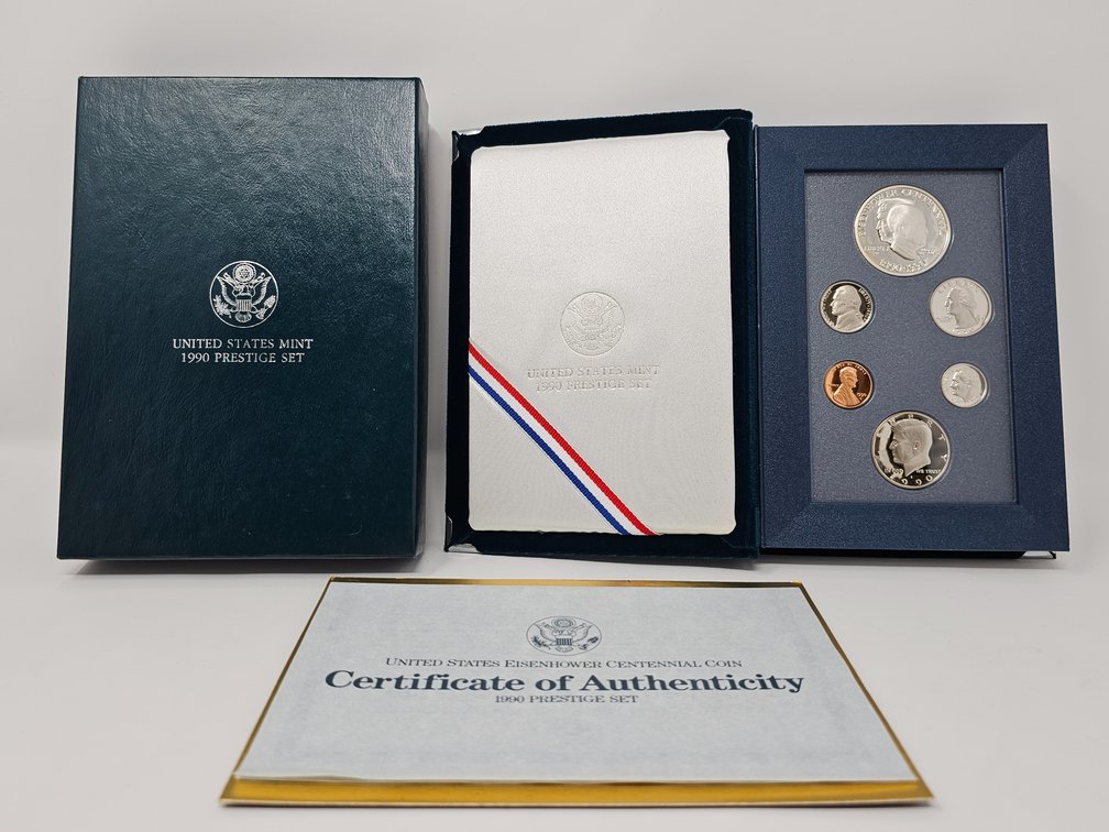 1990 US Mint Prestige Proof Set w/ Eisenhower Centennial Silver Dollar w/ Box and COA