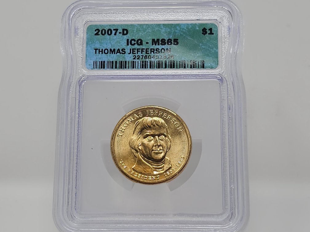 2007-D Thomas Jefferson Presidental Dollar - ICG MS 65