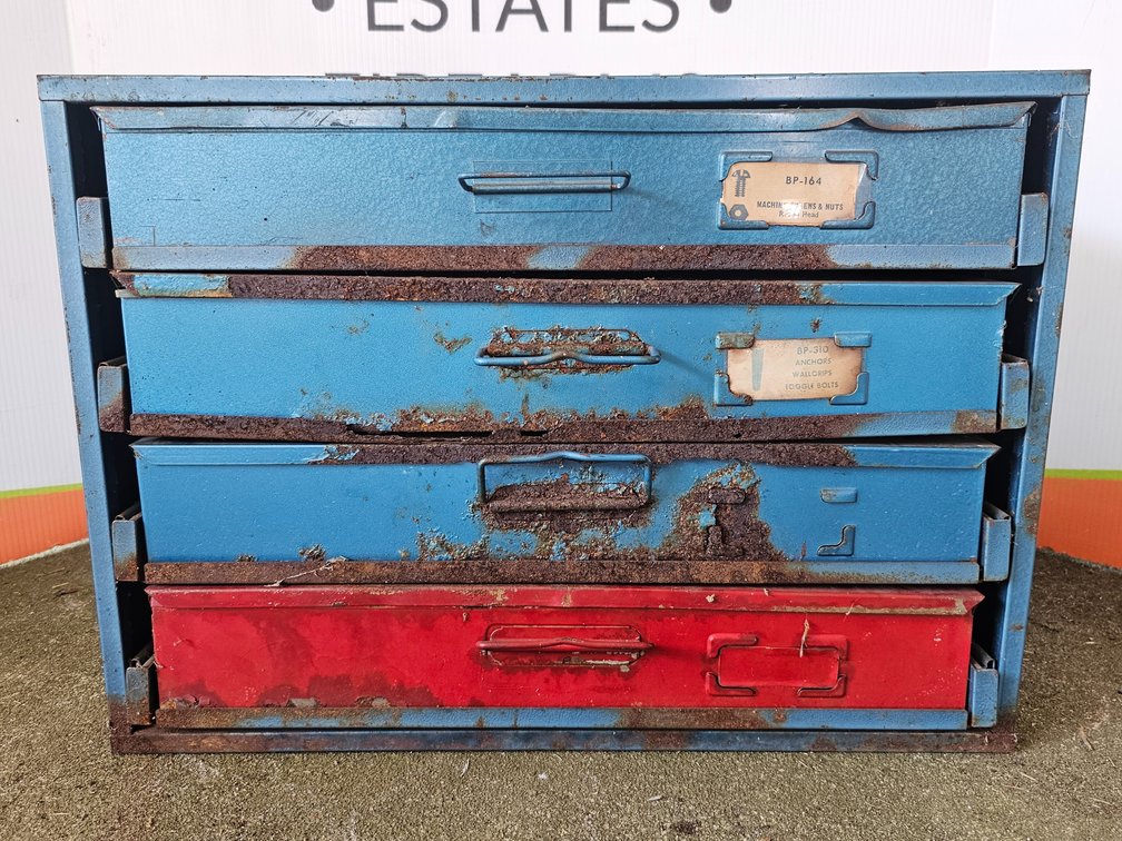4-Compartment Metal Hardware Bin w/ Machine Screws/Nuts - Anchors/Wallgrips - Round Head Wood Screws - Sheet Metal Screws