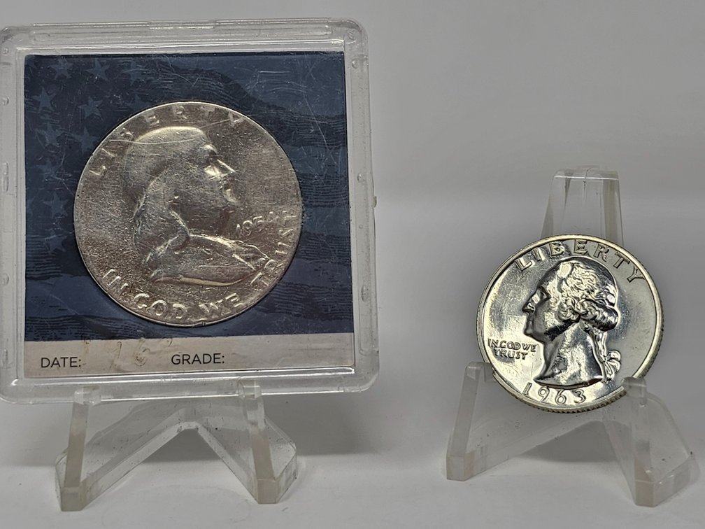 1954 Franklin Silver Half Dollar w/ Capsule and 1963 Silver Washington Quarter (Appears UNC) - 2 Coins Included 