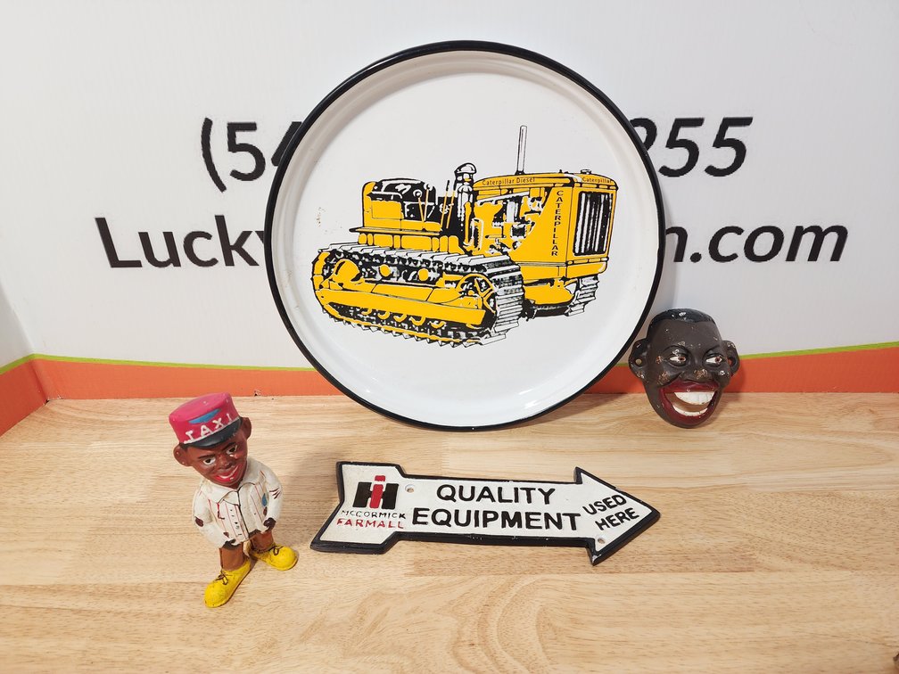 Cast Iron Taxi Driver Coin Bank - Cast Iron Head Bottle Opener - Farmall Quality Equiptment Metal Plaque - Catipillar Diesel Plate