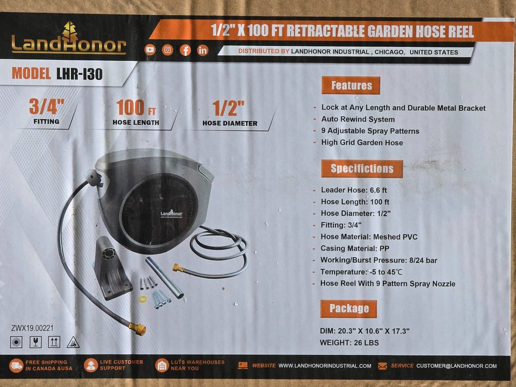 Unused Landhonor 100' Retractable Garden Hose Reel