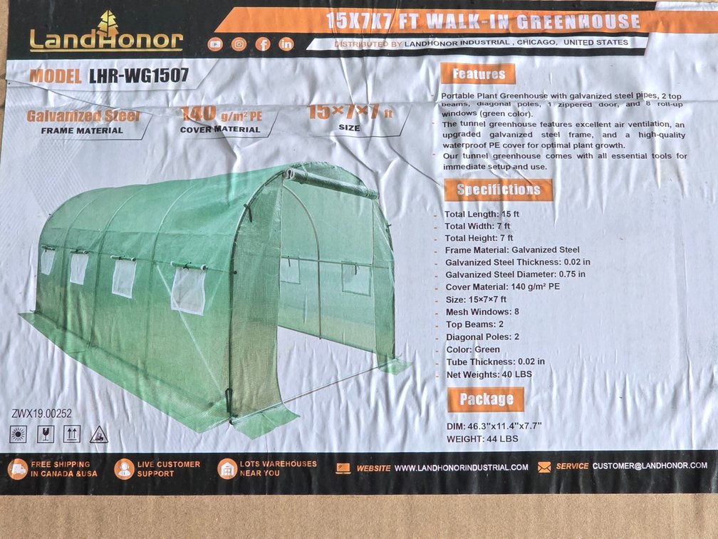 Unused Landhonor 15' x 7' x 7' Walk In Greenhouse