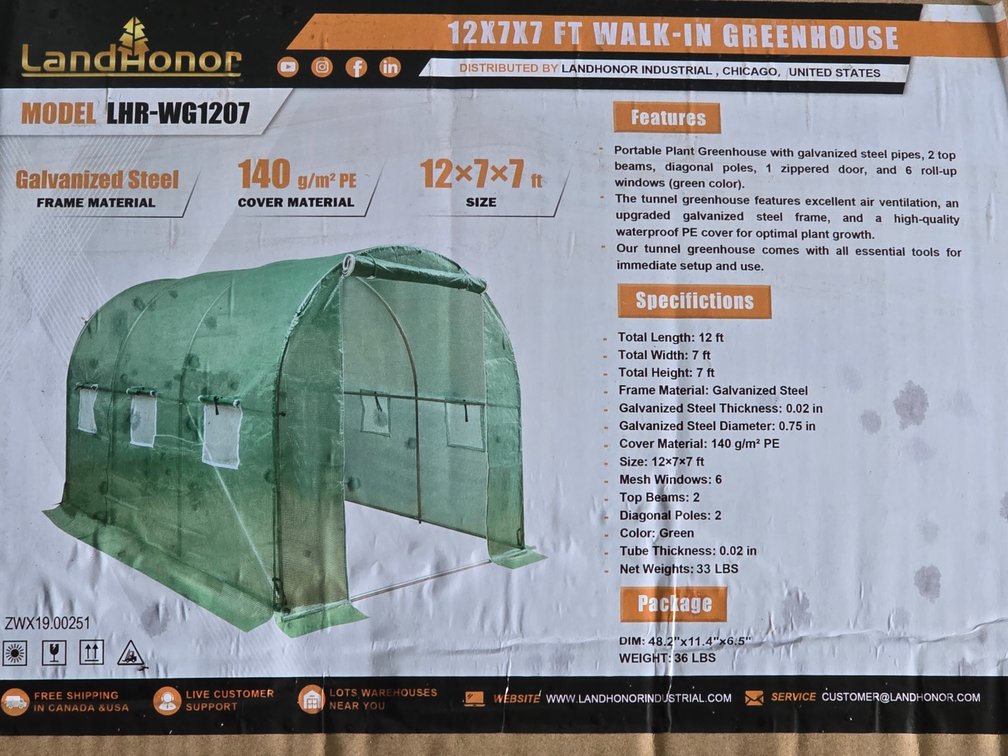 Unused Landhonor 12' x 7' x7' Walk In Greenhouse