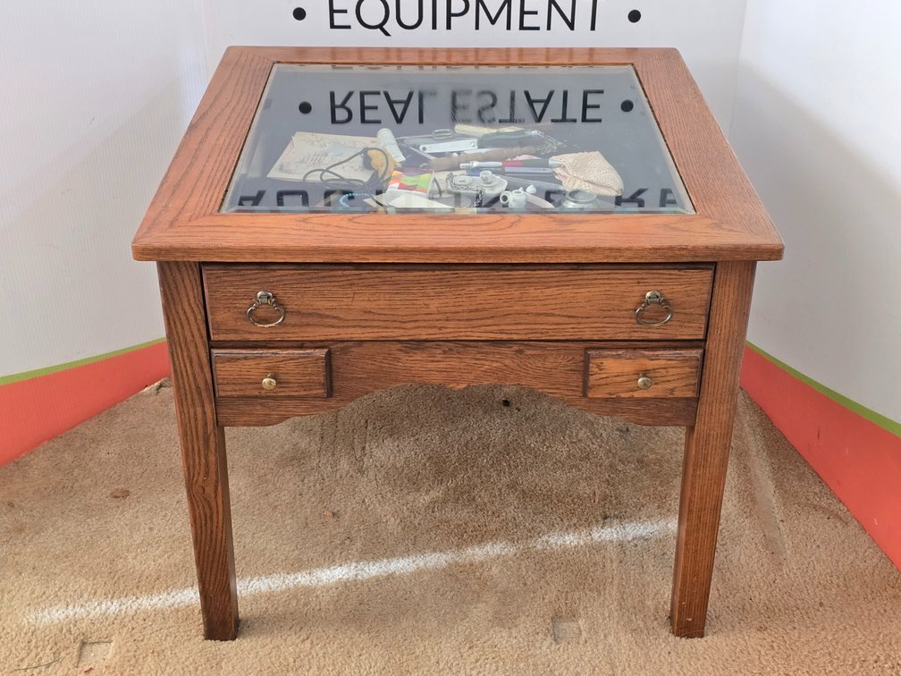 Glass-top Display End Table w/ Contents - Measures 22" x 26" x 26"