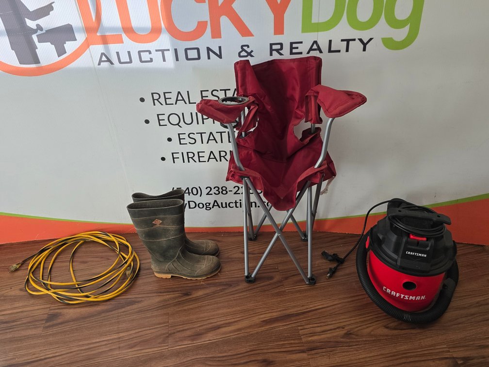 Craftsman 2.5 Gallon Shop Vac - Rubber Boots Size 10 - Extension Cord - Fold Out Camping Chair