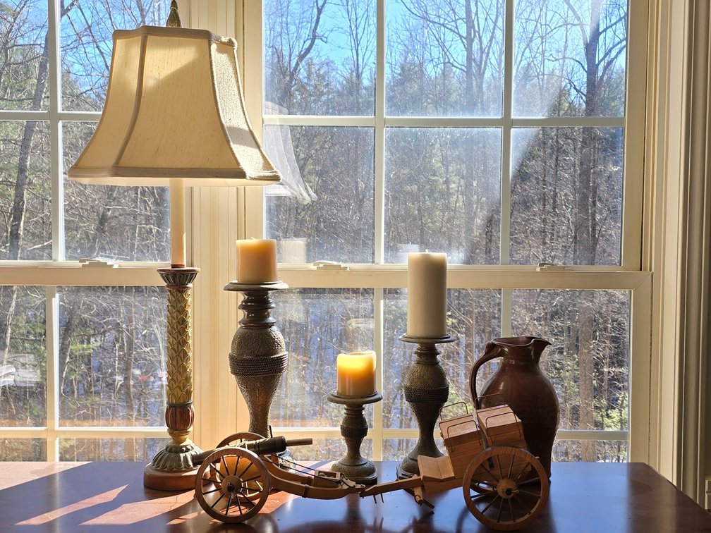 (6) Candle Pillars w/ Candles - Table Lamp - Stoneware Pitcher - Model Cannon