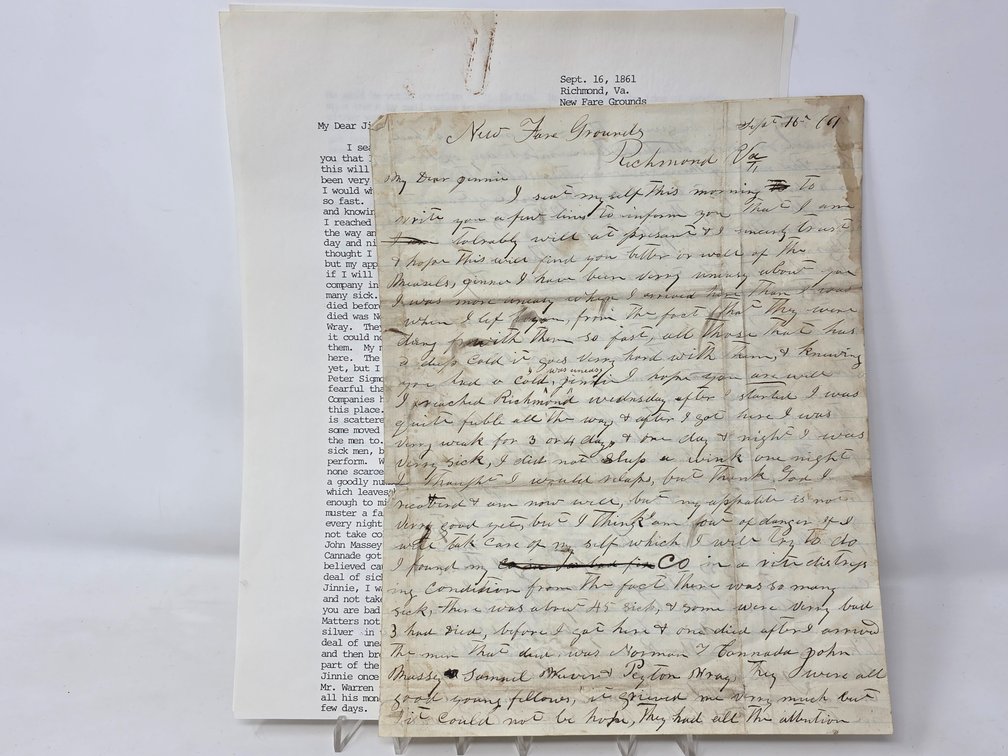 1861 Civil War - 2 Page Letter From Franklin County Confederate Captain W.T. James to his Wife, Jinnie concerning the death of local soldiers, e.g. Norman Cannaday, Samuel Weaver, and John O. Massey.