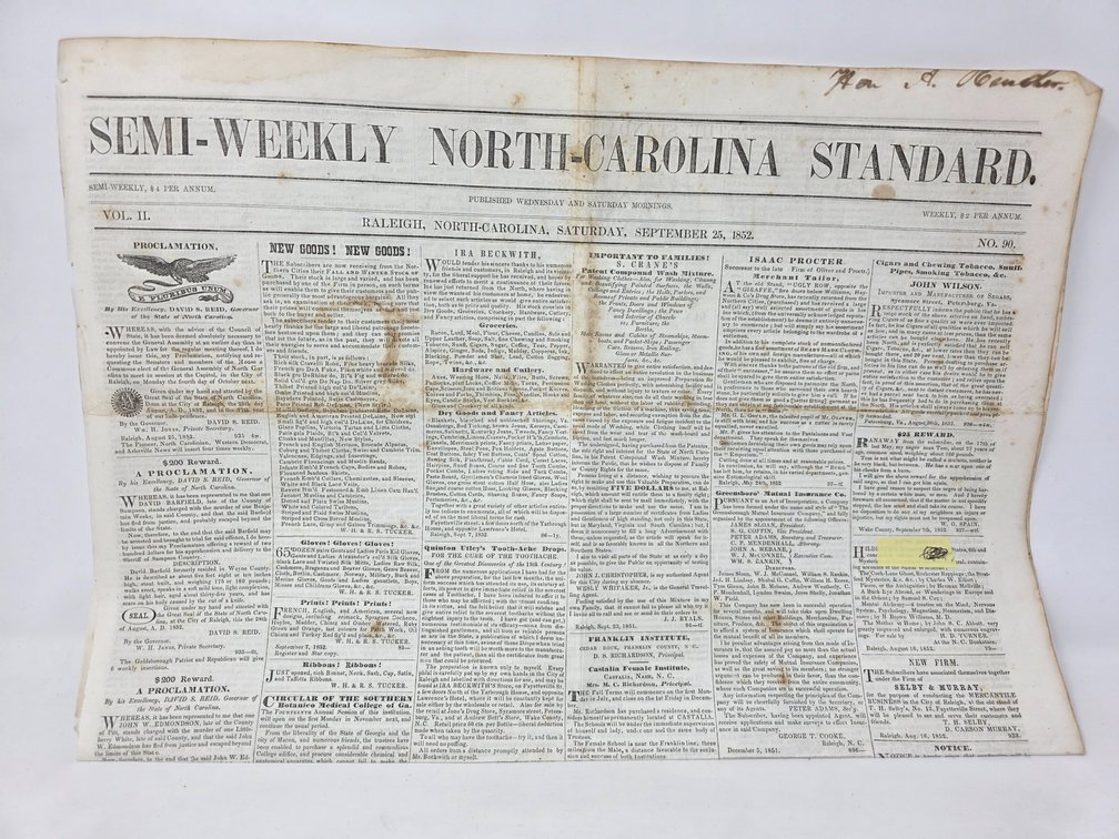 1852 N.C. Paper with 2 Runaway Slave Ads on Front Page of 4 Page Paper