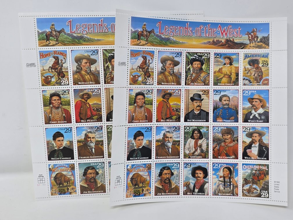 "Legends of the West" Stamp Sheets -  The original issue of this stamp sheet was recalled due to an error where the stamp intended for rodeo star Bill Pickett actually depicted his brother Ben.