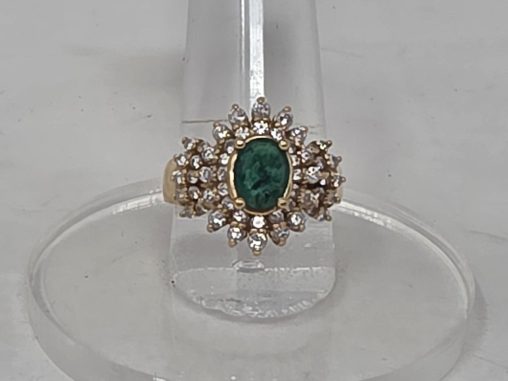 14-KT Emerald and Diamond Double Halo Ring w/ Two Rows of Diamonds on each Shoulder - Size 8 - Round Full Cut Diamonds .01 to .02 Carats Each (52 Total) - .81 Carats Total - Clarity SI-1 to SI-2 - Color H-I - 5.5 Grams Total Weight