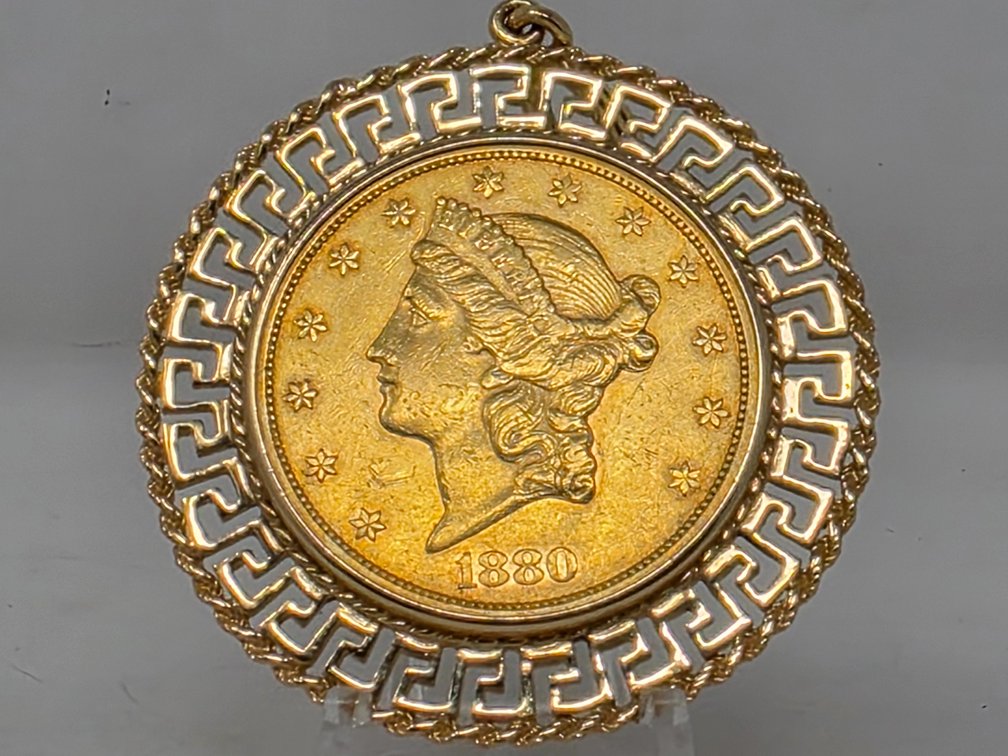 1880-S $20 Liberty Gold Double Eagle w/ 14-KT Gold Pendant (Coin Can Be Removed)