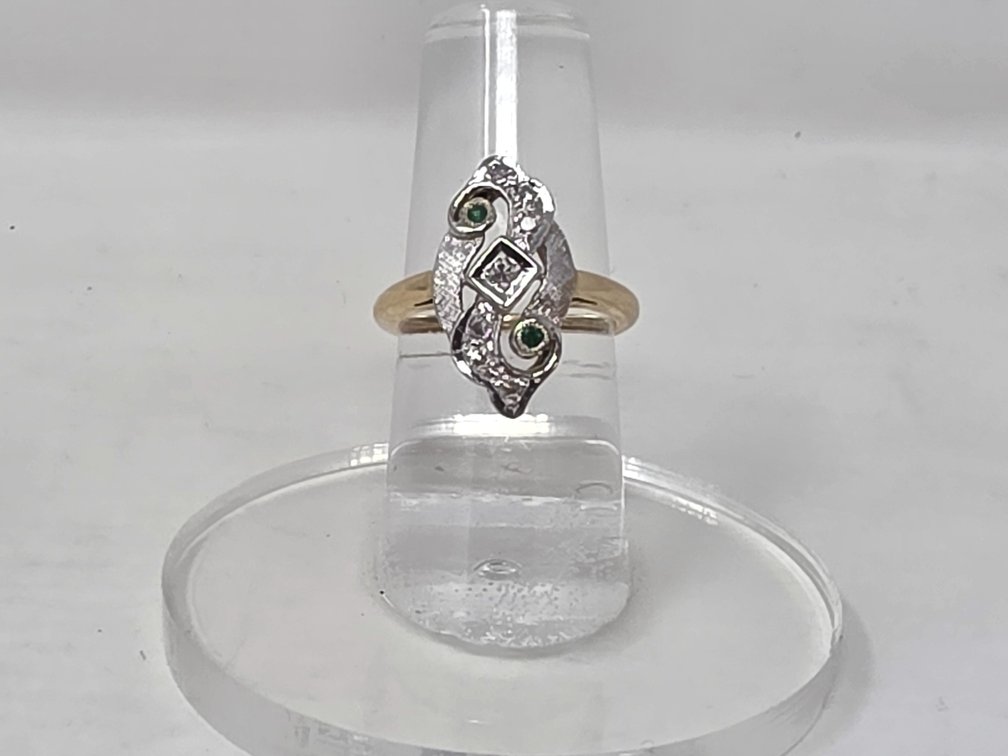 14-KT Gold Vintage Navette Diamond & Emerald Ring - Size 6 - .12 Carats of Diamonds - Clarity: VS-2 - SI-2 Color: G-H - 3.8 Grams Total Weight