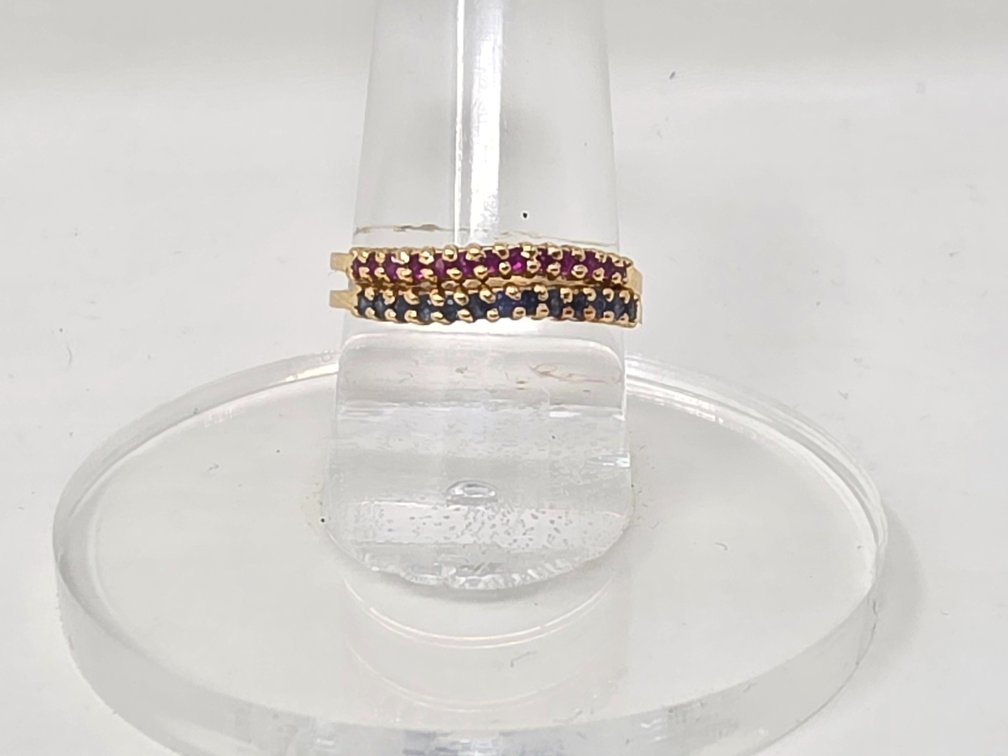Pair of 14-KT Gold Contoured to fit Together - Size 7.5 - 13 Sapphires and 13 Rubies - 2.9 Grams Total Weight
