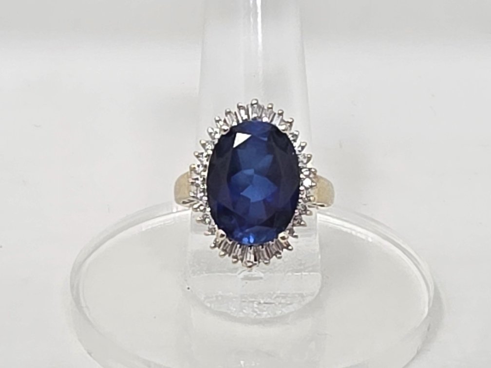 14-KT White Gold Lab Grown Sapphire Ring w/ Halo of Round & Baguette Diamonds Totaling .44 Carats - Size 7.75 - 10.56 Carat Sapphire - 8.4 Grams Total Weight