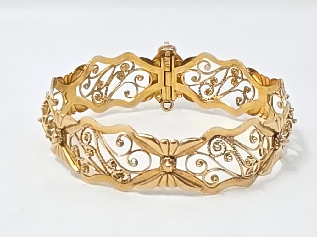 18-KT Filigree Open Bangle w/ Monogram Clasp "PGK" - 26.5 Grams Total Weight