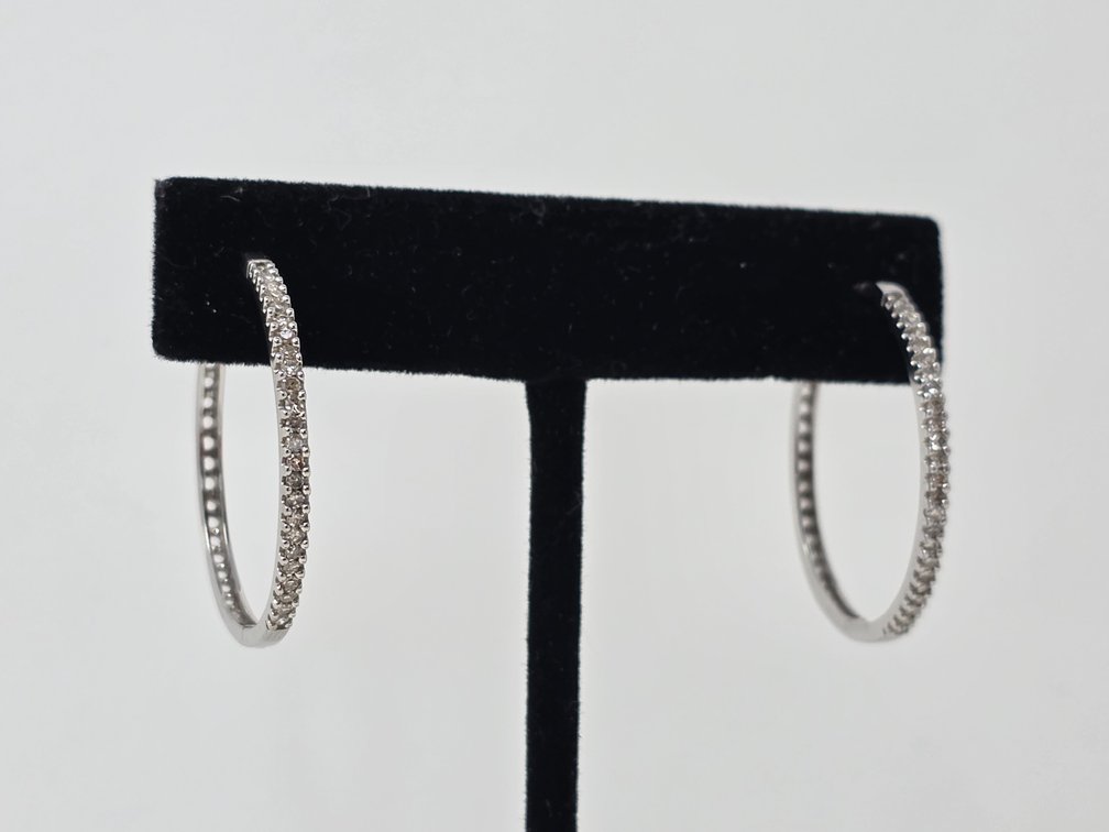 14-KT White Gold Round Diamond Prong Set Hoop Earrings - Round Single Cut .007 Carats Each (48 Total) .36 Carats Total - Clarity SI2 - I-1 - Color: J-K - 4.5 Grams Total Weight