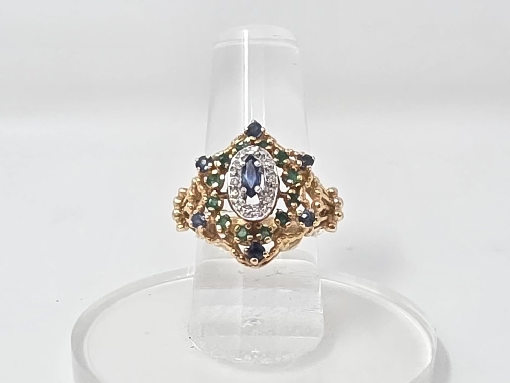 14-KT Gold Textured Ring (Size 7) Set w/ Marquise Sapphire / Diamond Halo / Sapphire & Emerald Accets (.81 Carats Total Diamond & Gem Weight) - Diamond is .06 Carats - 6.8 Grams Total Weight