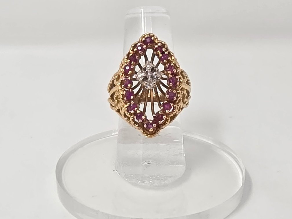 14-KT Gold Textured Navette Shaped Ring w/ Halo of Rubies and Center Cluster of Diamonds - Size 6.25 - Diamonds Total .08 Carats - Rubies Total .96 Carats - 9.2 Grams Total Weight