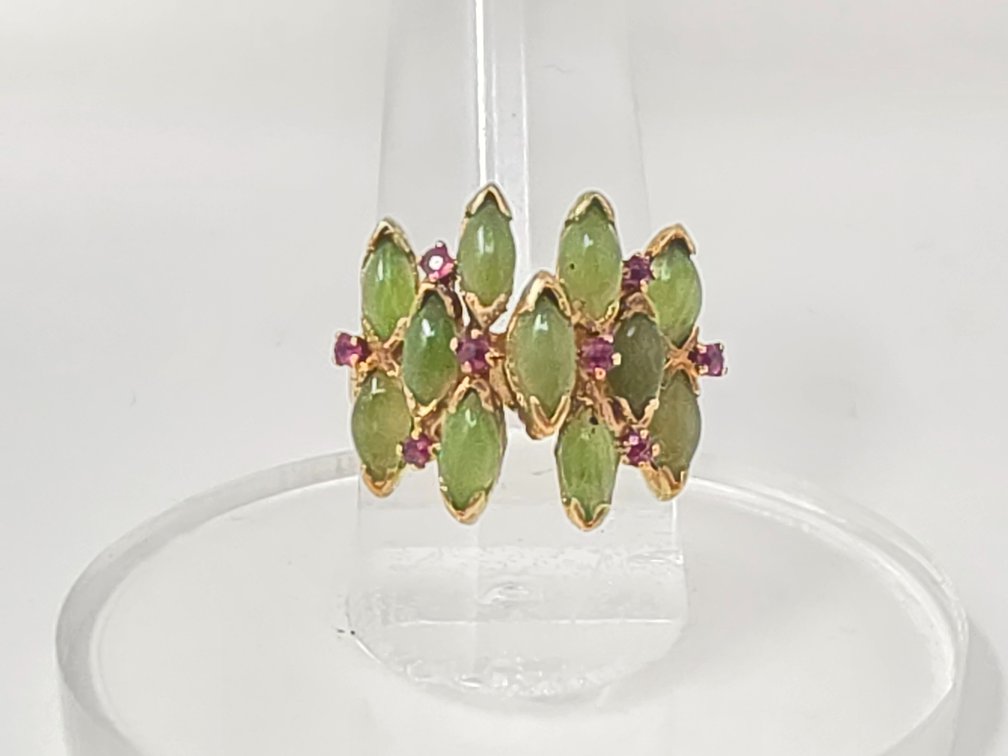 14-KT Gold Marquise Cabochon Nephrite Jade and Ruby Ring - Size 7.25 - .24 Carats of Rubies - 6.8 Grams Total Weight