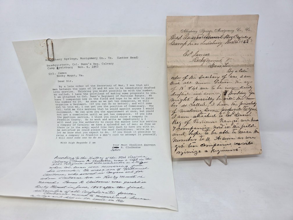 Originial Confederate Civil War 1862 Franklin County letter By Captain James R. Claiborne to Lt. Col Waddy T. James w/ Typed Transcript