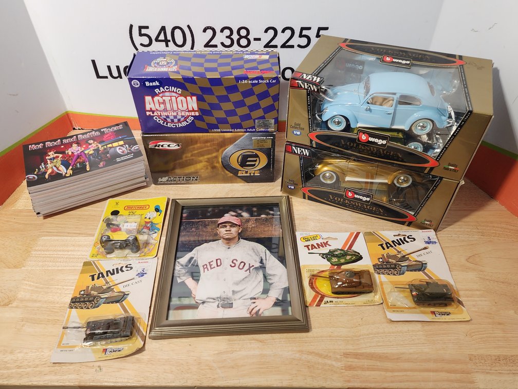 (2) 1:18th Scale Burago Volkswagon Beetle Diecast Cars - (2) 1:24th Scale Die Cast Cars - Hot Rod and Bettie Toons Picture Books - Tote Included