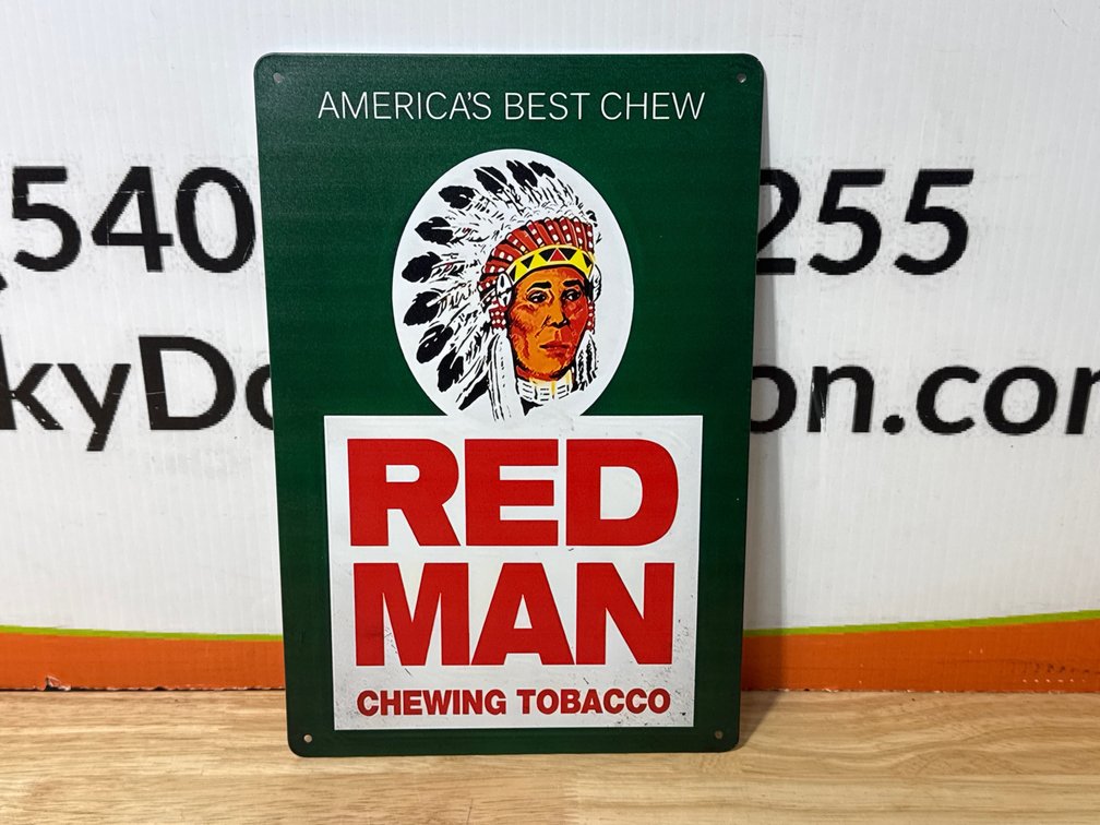 Red Man Chewing Tobacco Metal Sign Measures 8”x12”