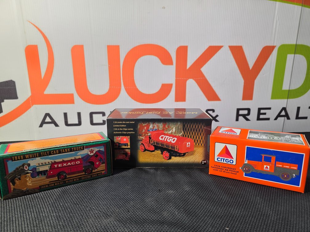 Citgo Mack Fuel Tanker - Citgo 1928 Chevrolet National AB Pickup - Ertl Texaco 1949 White Tolt Cab Tank Truck Locking Bank w/ Key