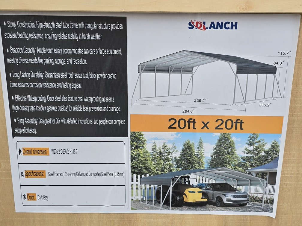 Unused SDLANCH 20' x 20' Metal Carport - Dark Grey - Box Measures 72" x 26" x 23"