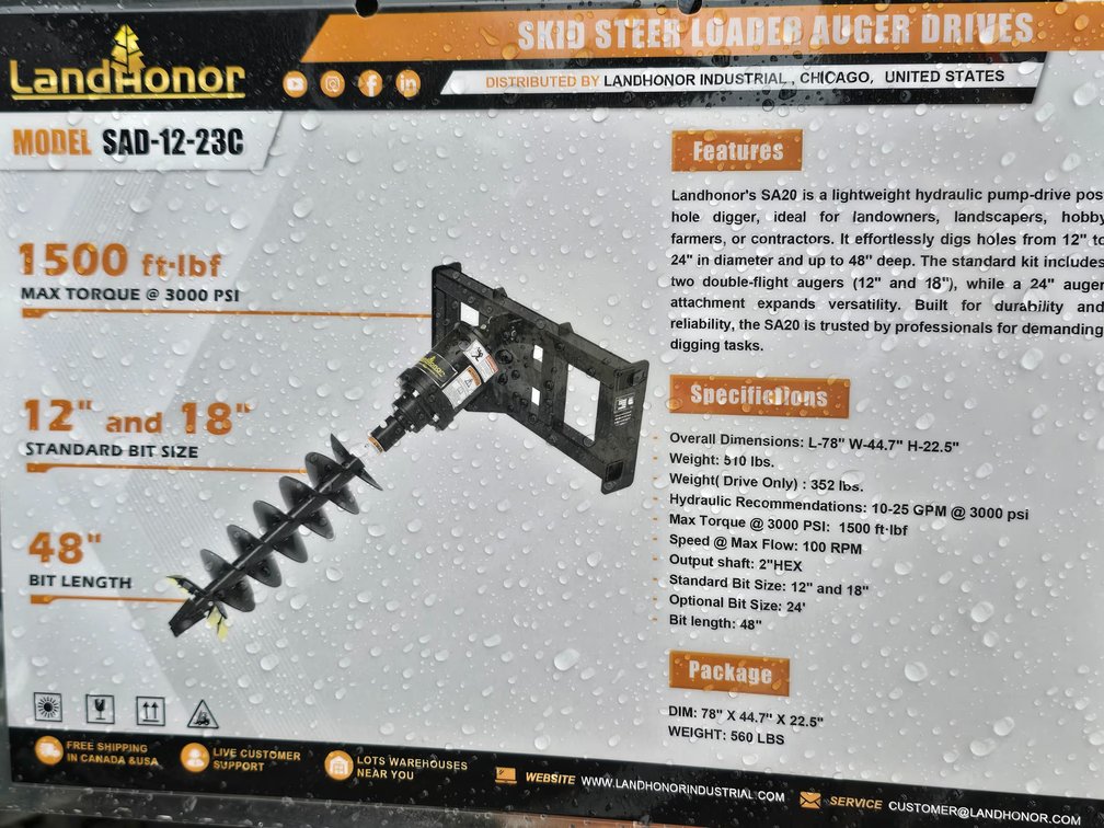 Unused Landhonor Skid Steer Auger - 12" & 18" Bits - Skid Steer Quick Attach