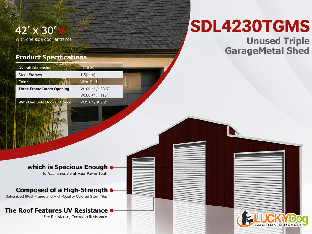 Unused SDLANCH 42' x 30' Metal Triple Garage - Wine Red - Box Measures 86" x 47" x 30"