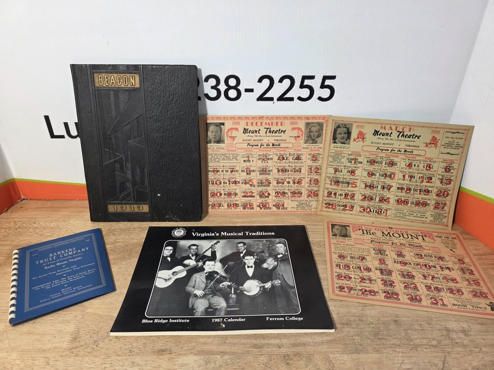 (3) 1940s Rocky Mount Theatre Cards - Henry Fonda, Judy Garland, Betty Grable and Others - Blue Rodge Institute 1987 Musical Traditions 1987 Calendar - 1939 Ferrum College Annual - 1950 Personal Telephone Directory w/ Local Ads