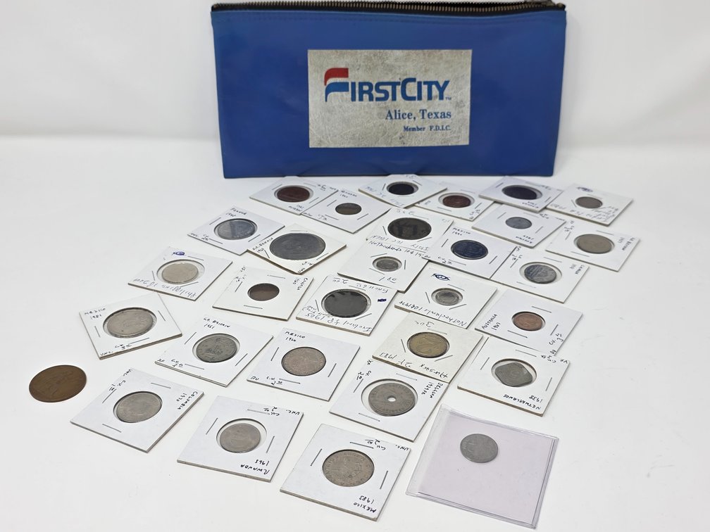 (30) Assorted Foreign Coins & Bank Bag